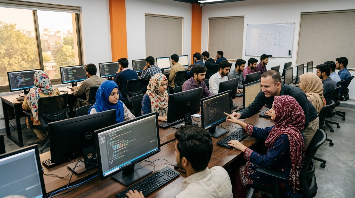 Students working at computers in the academy lab in Faisalabad